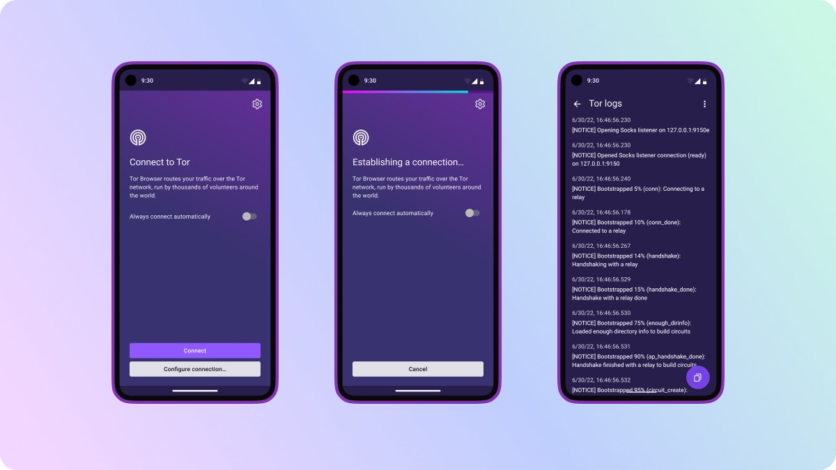 Screenshot of the new connection and Tor logs screens on an Android device