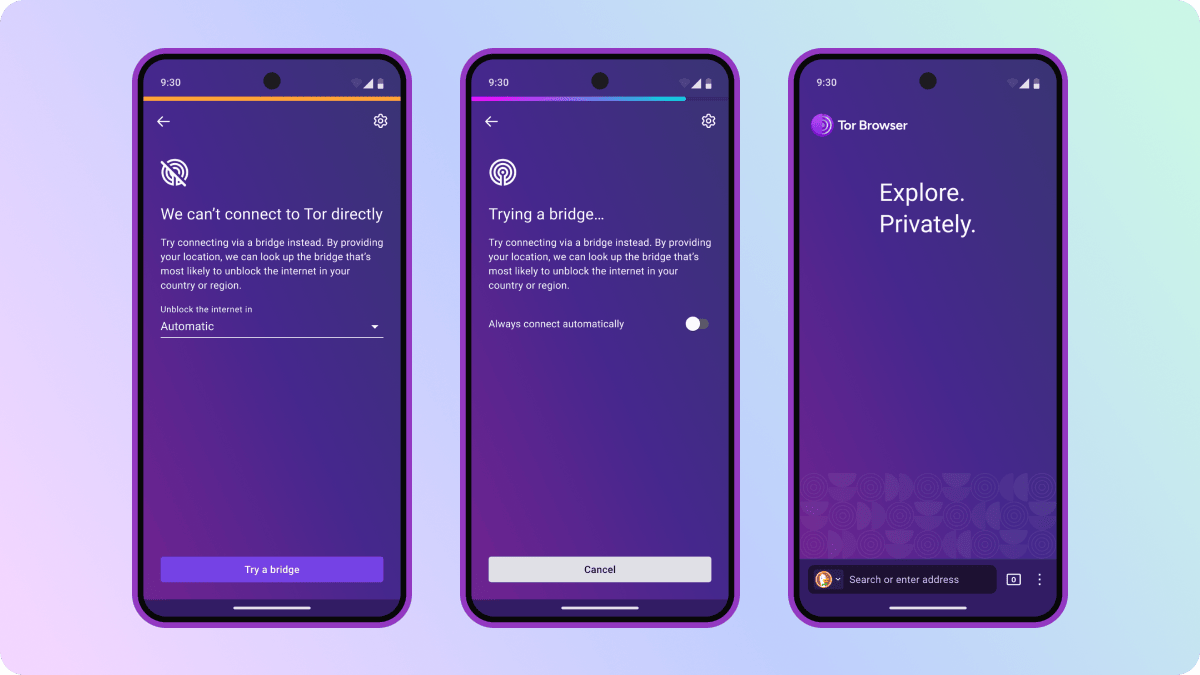 Multiple screenshots of Tor Browser for Android showcasing Connection Assist, which successfully connecting to the Tor network after trying bridges